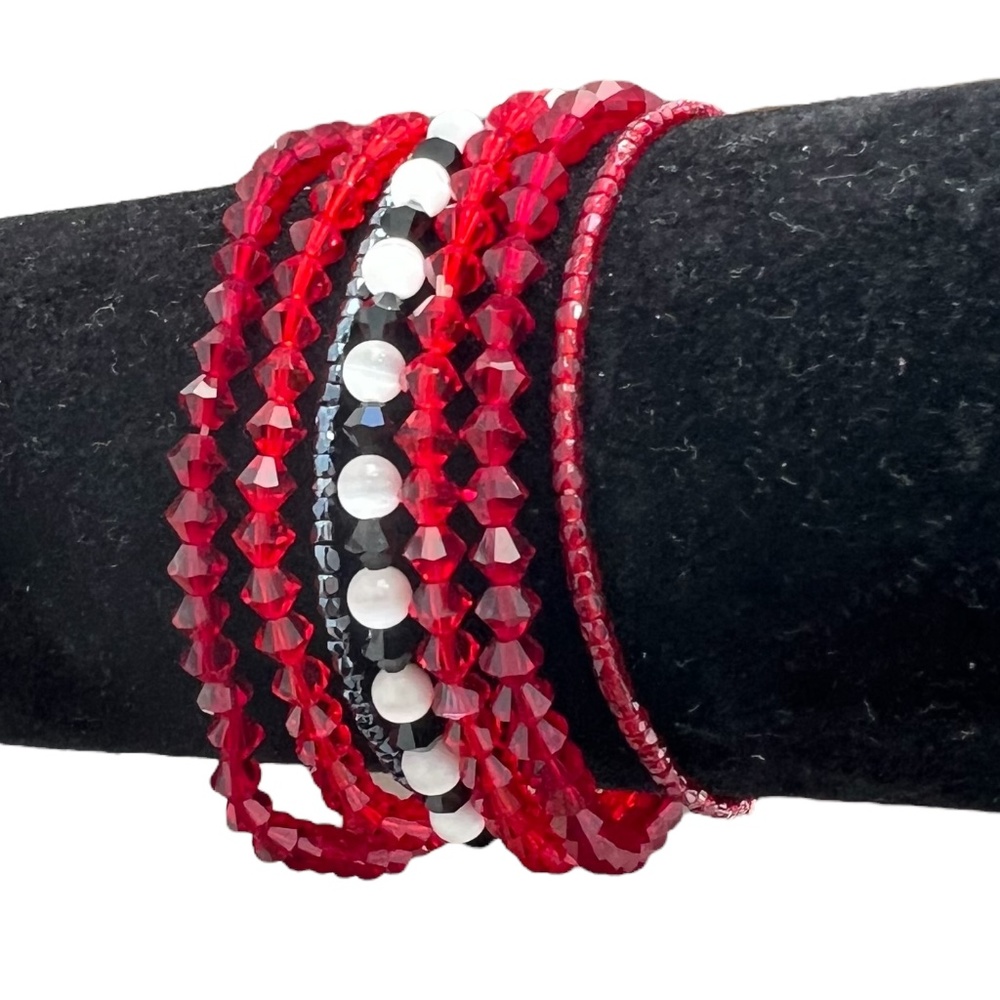 VINTAGE BLACK, RED & WHITE CRYSTAL STRETCH BRACELETS - SET OF 7